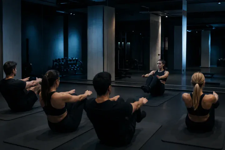Instruktorka fitness prowadzi zajęcia grupowe na sali - kurs instruktora fitness
