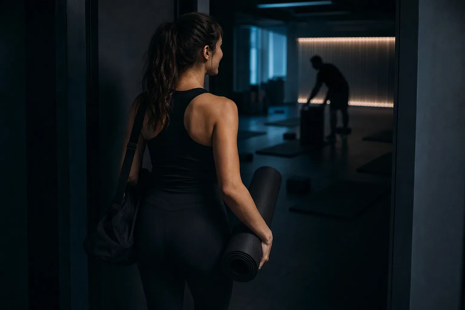 Początkująca instruktorka wchodzi na salę z matą - instruktor fitness od czego zacząć