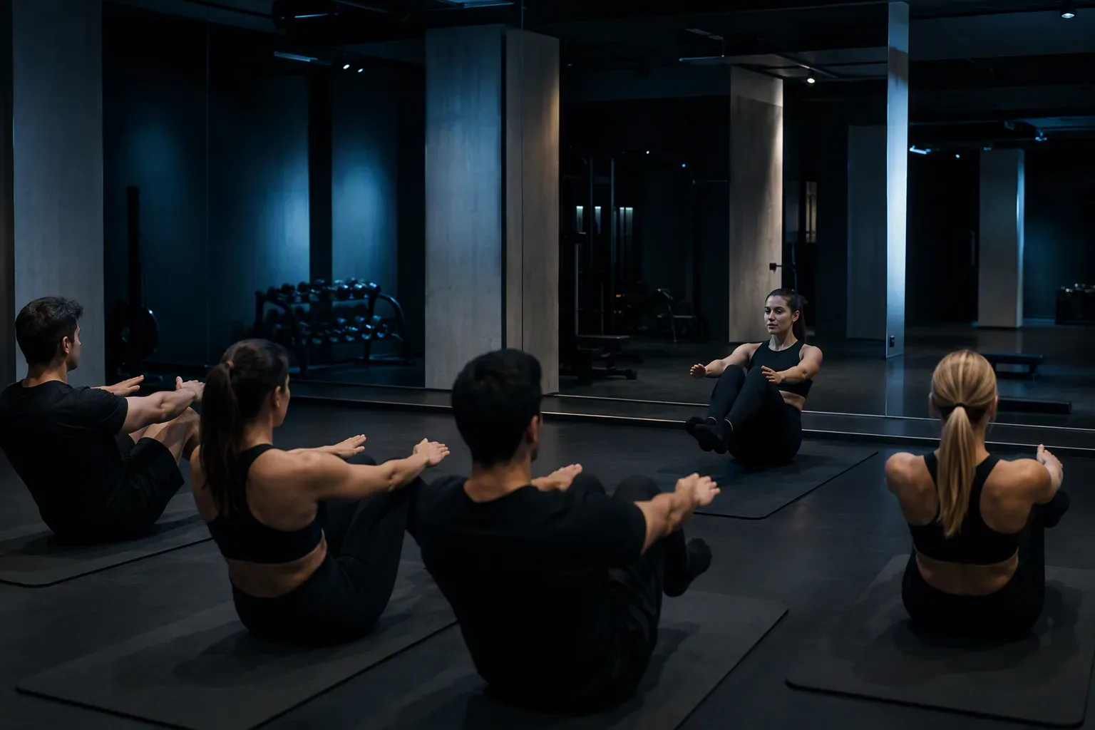 Instruktorka fitness prowadzi zajęcia grupowe na sali - kurs instruktora fitness