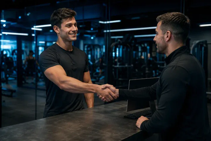 Trener personalny wita się z managerem klubu przy recepcji - praca jako trener personalny