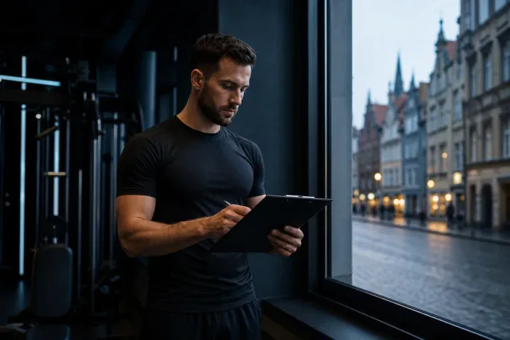 Trener z planem treningowym przy oknie z kamienicami w tle - kurs trenera personalnego we Wrocławiu