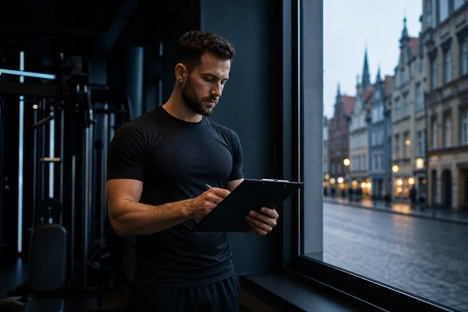 Trener z planem treningowym przy oknie z kamienicami w tle - kurs trenera personalnego we Wrocławiu